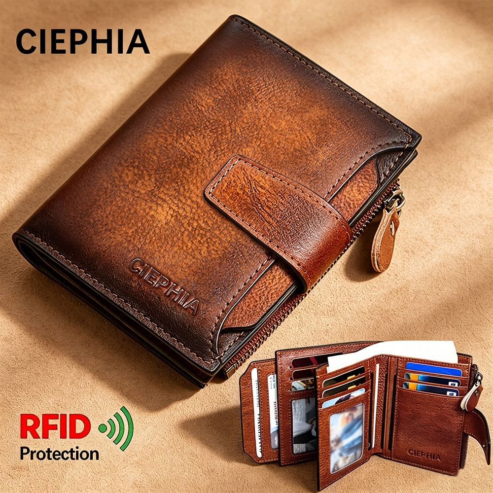 CIEPHIA Men's Vintage RFID Blocking Wallet - Genuine Leather, Zipper Coin Pocket, 14 Card Slots, 2 ID Windows, SD/SIM Slot - Bifold & Trifold - Tan, Black, Coffee & Oil Wax Leather - Gift Set with Greeting Card