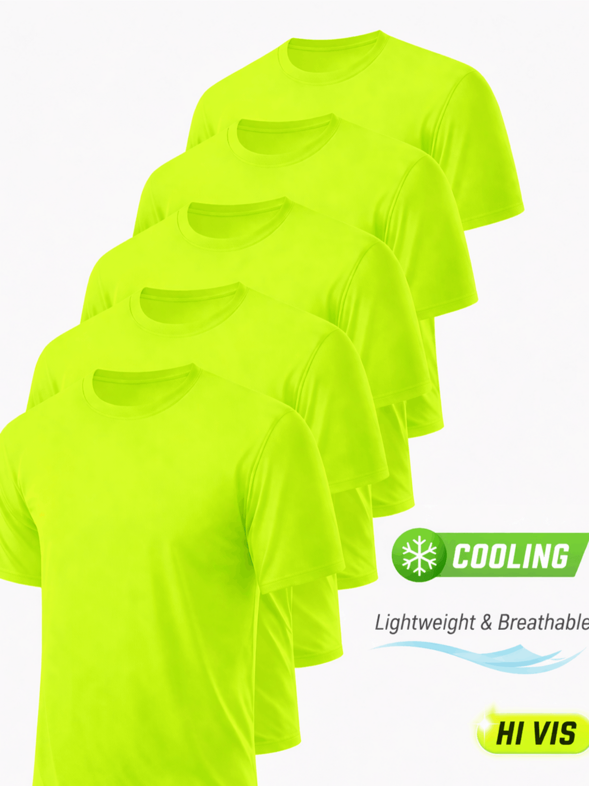 5-Pack Men's UPF 50+ Safety Work Shirts – Quick-Dry Breathable Performance Tees for Outdoor Jobs, Fluorescent Yellow High-Visibility, S-XXXL, Gift for Dad