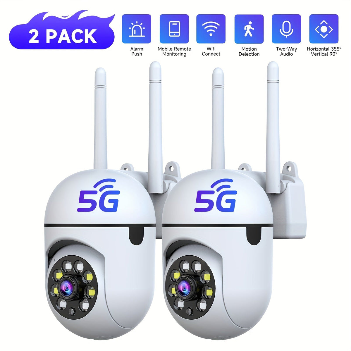 2-Pack 2K QHD PTZ WiFi Security Camera, 355° Pan – Dual-Band 2.4G/5G, AI Motion Detection, Color Night Vision, Two-Way Audio, Cloud & SD Storage, Baby Monitor, Indoor Home Surveillance Camera