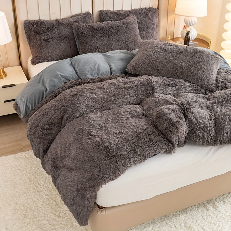 Plush Duvet Cover Set 3 Piece, Long Hair Knitted Polyester, Solid Color Fuzzy Comforter Cover with Zipper Closure, All-Season Soft Cozy Bedding Set for Bedroom, Multiple Colors Available