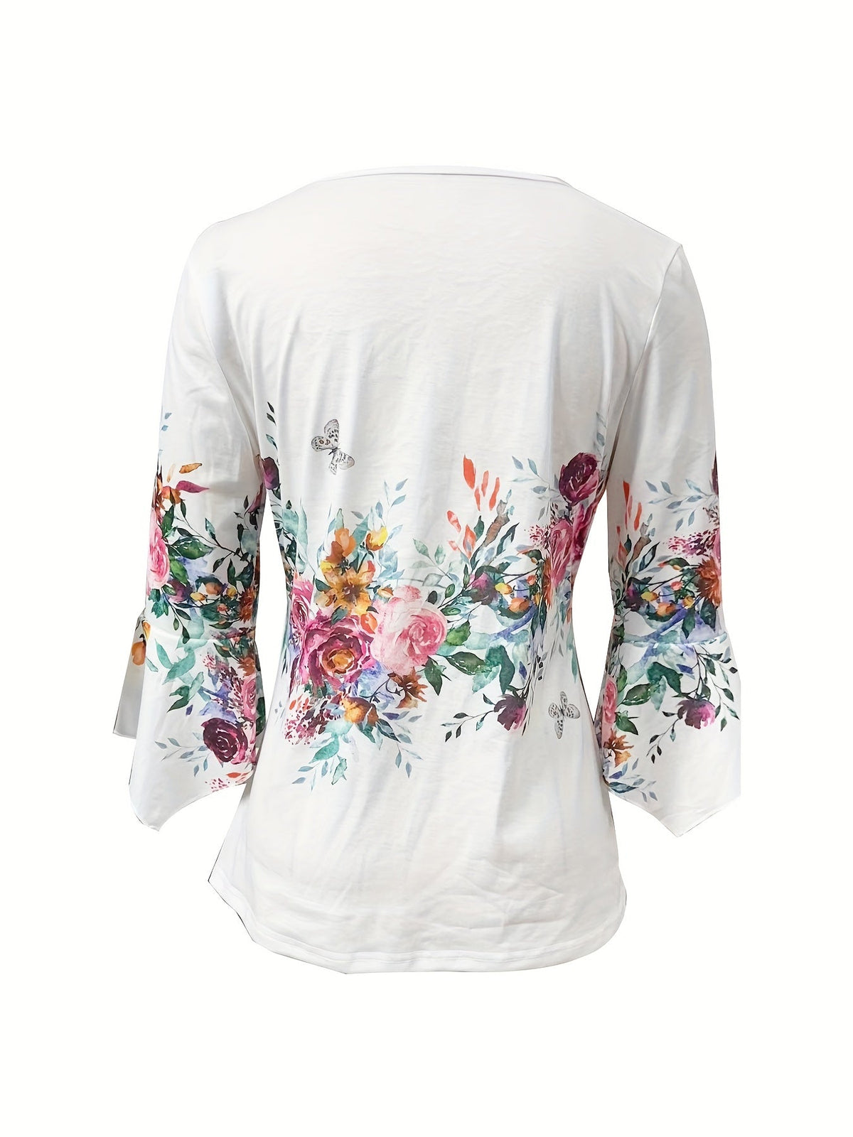 Floral Print Button Front Blouse Women's Notched V-Neck Spring Summer Top 95% Polyester Vintage Casual Shirt S-XXL