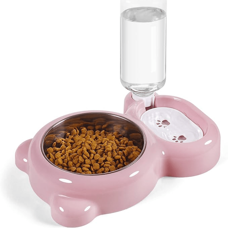 宠物双碗套装带自动饮水瓶——猫狗通用食盆与水碗，洗碗机适用，耐用不含双酚A，粉色灰色紫色，室内宠物喂食站