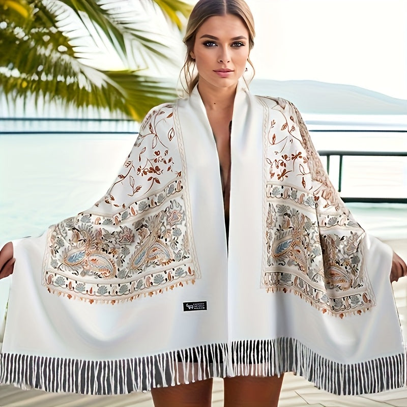 Women's Bohemian Cashmere Shawl Scarf – Vintage Paisley Embroidery with Tassel Trim, Lightweight Warm Wrap for Spring & Fall, 6 Colors, Hand Washable for Casual & Dressy Outfits