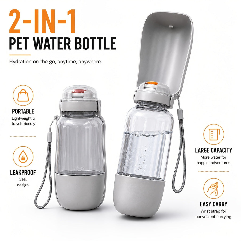 Portable 2-in-1 Dog Water Bottle with Food Bowl - 520ML Leak-Proof Pet Travel Water Dispenser for Dogs and Cats, Large Capacity Outdoor Hydration Cup for Walking, Hiking, and Camping