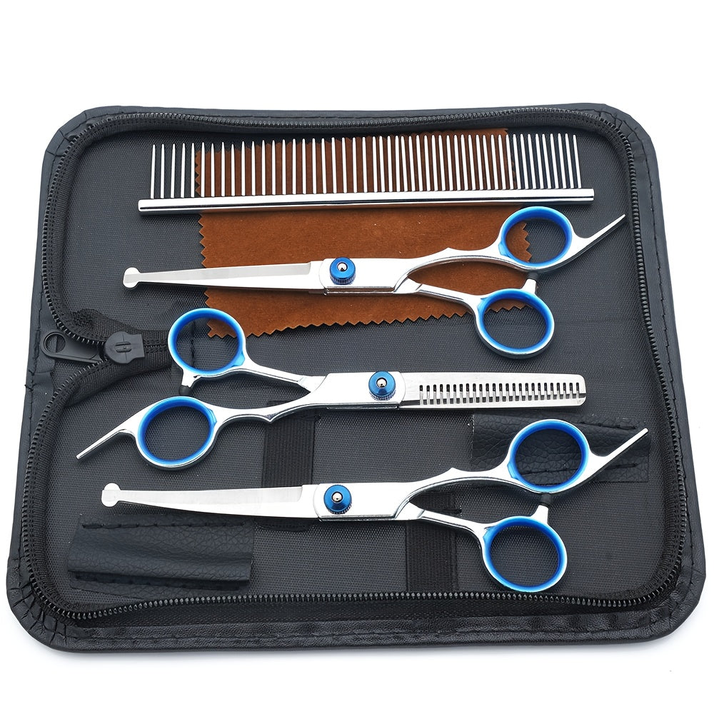 5-in-1 Dog Grooming Scissors Set - Professional Pet Grooming Kit with Safety Round Tips, Thinning Shears & Clippers for Dogs and Cats - Complete Pet Grooming Scissors Kit