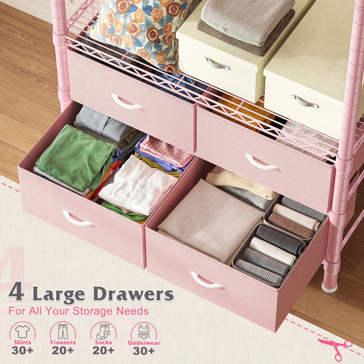 Heavy Duty Clothes Rack with 4 Drawers 420LBS Adjustable Clothing Rack for Hanging Coats Shirts Dresses Top Shelf 10-Minute Assembly for Bedroom Closet Apartment