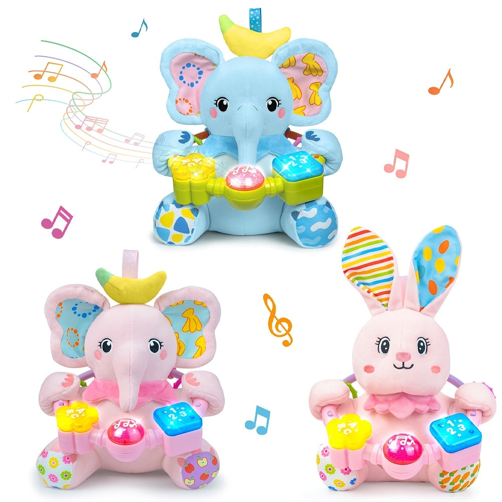 Baby Musical Plush Toy for 0-12 Months, Early Bilingual Learning Toy with Light Music & Squeak for Tummy Time, Blue Elephant Pink Elephant & Pink Bunny, Easter Christmas Birthday Gift for Baby Boys & Girls