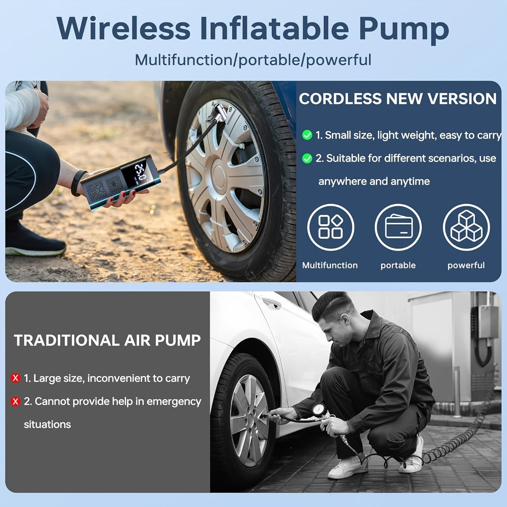 便携式充气泵 150PSI 无线空气压缩机 | 6000mAh 电池，3倍快速充气，LCD 压力表，自动关机，LED 灯，USB-C – 适用于汽车、摩托车、自行车及球类