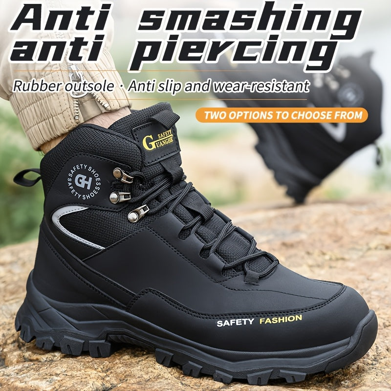 Men's Steel Toe Work Boots, Heavy Duty, All-Terrain Rubber Sole, Cushioned Insole, Arch Support, Four-Season Construction, Industrial, Farm, and Outdoor Boots, Black/Army Green, US Sizes 6-11