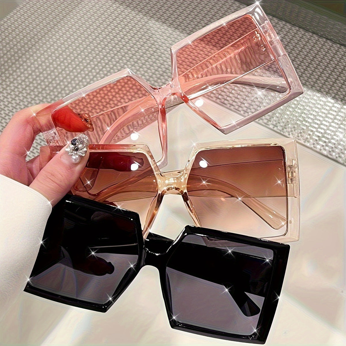 3-Pack Women's Oversized Flat Top Fashion Sunglasses Set - Large Square Frame Trendy Retro Eyewear in Pink, Champagne, and Black for Beach, Driving, Travel & Everyday Style