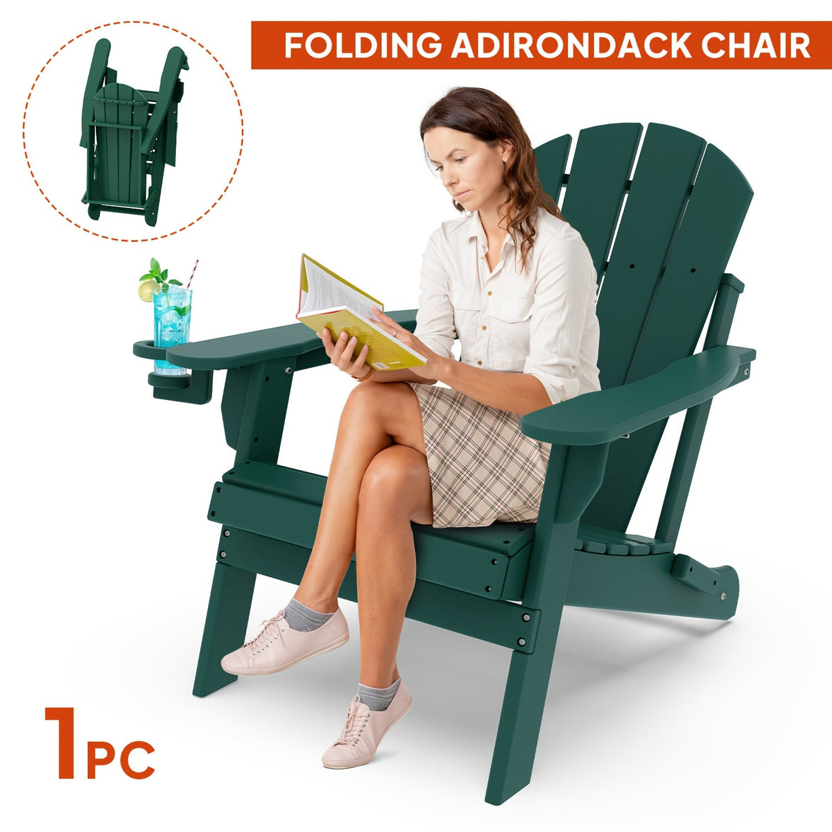Folding Adirondack Chair with Cup Holder Portable Recliner Stainless Steel Frame Durable Plastic Easy Clean for Patio Poolside Garden Camping Set of 1 2 4 6