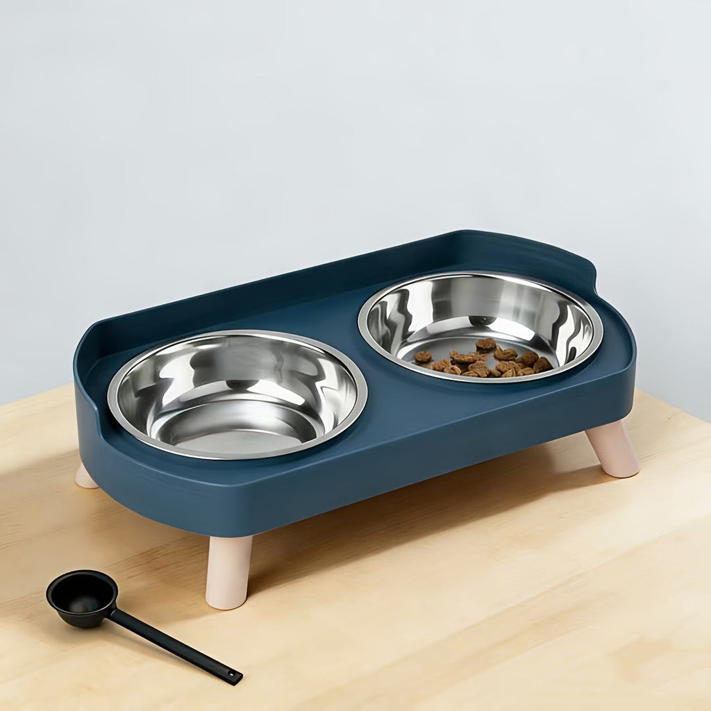 Elevated Stainless Steel Cat Bowls - Double Cat Food and Water Bowl Set, Anti-Vomit Neck Protection, Non-Slip Feeder Stand, Splash-Proof and Dishwasher Safe, Includes 2 Bowls & Pet Food Scoop for Indoor Cats