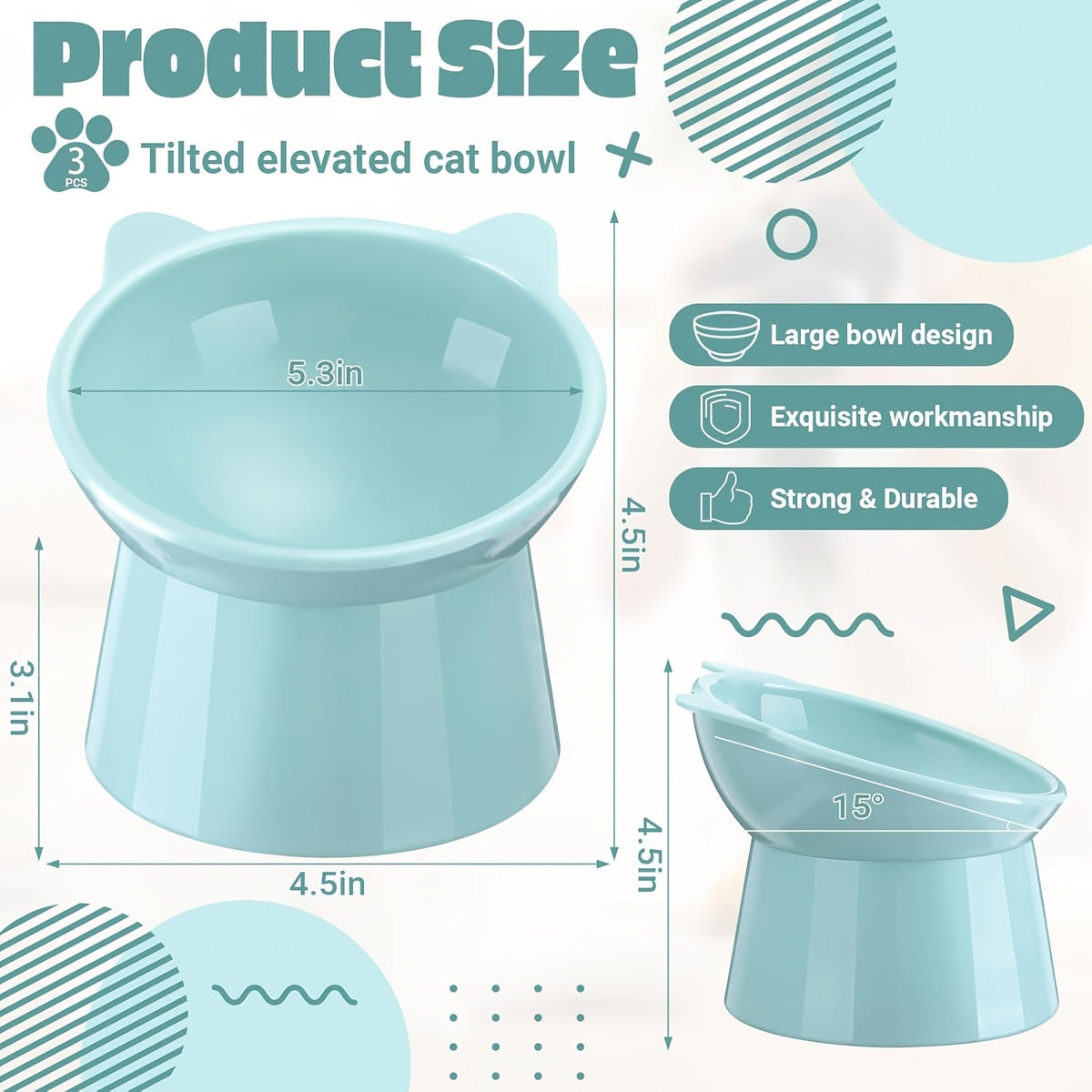 Raised Cat Bowls Set of 3, Cat-Ear Shaped Elevated Feeder, Anti-Slip Base, Neck Comfort Design, Tri-Color Pet Feeding Dish (Pink, Green, Blue) for Multi-Cat Households