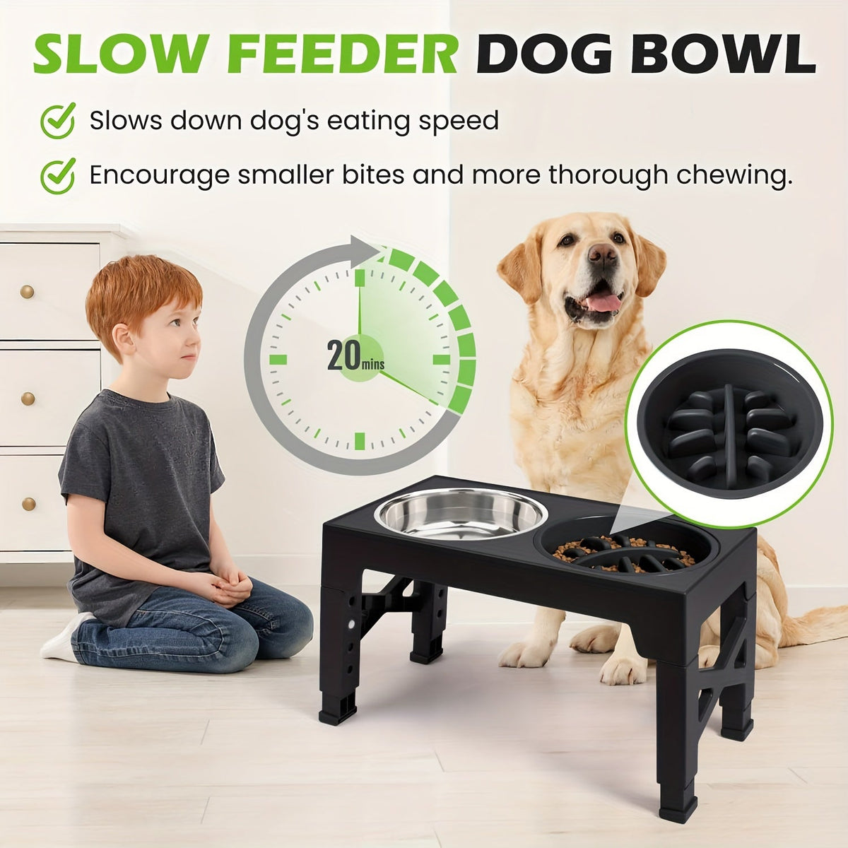 Adjustable Elevated Dog Bowl Stand with 3-Bowl Set – 5 Heights 3.2–12.2 Inches, 2 Stainless Steel Bowls + Slow Feeder Bowl for Small, Medium, and Large Dogs, Raised Feeder in Black or Gray