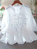 Women's Floral Embroidered Long-Sleeve Button-Down Blouse - Elegant White Stand-Collar Casual Shirt, Delicate Floral Print Summer Top S-XXL