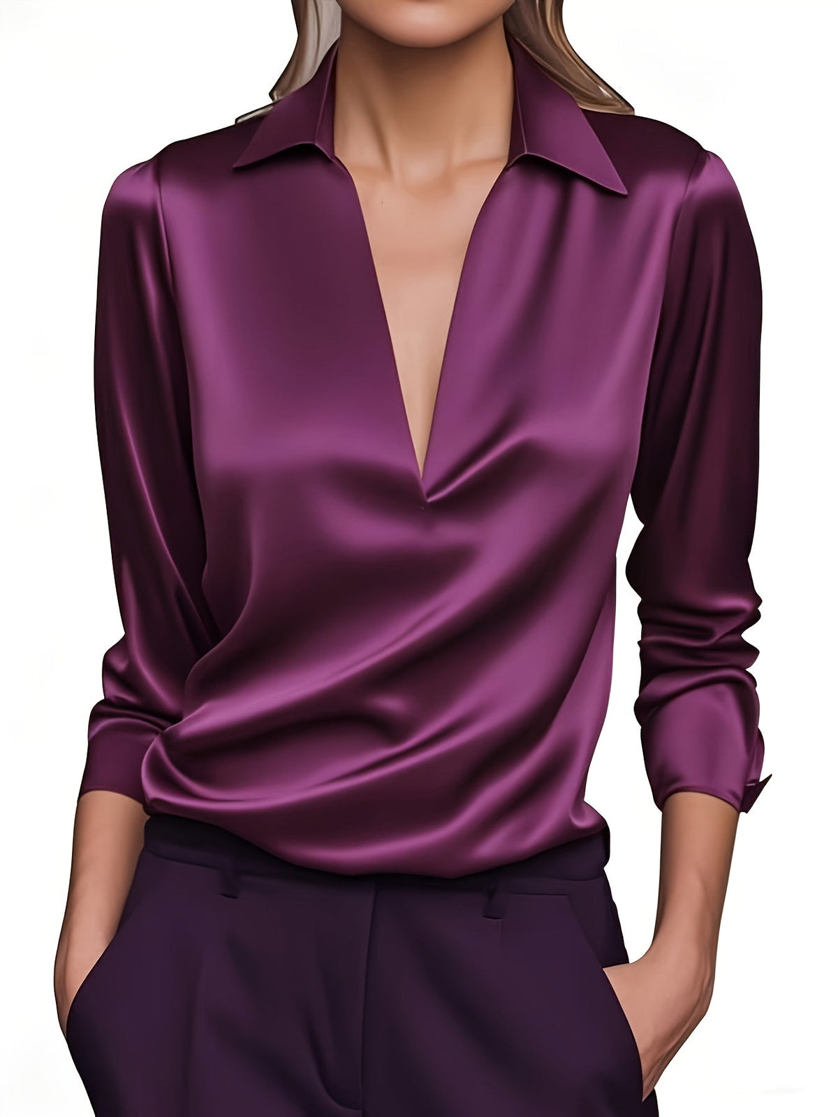 V-Neck Satin Blouse Women's Elegant Solid Color Long Sleeve Loose Fit Casual Office Shirt Top S M L XL XXL Multi-Color