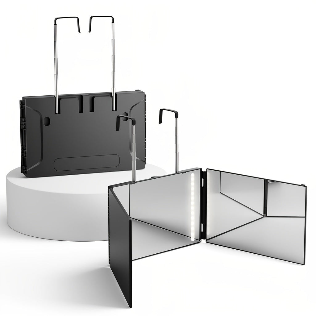 3-Way 360° Hair Cutting Mirror – Anti-Fog HD Glass Height-Adjustable Door Wall & Table Mount Self-Cut DIY Haircut Mirror with Optional LED (Single & 2-Pack)