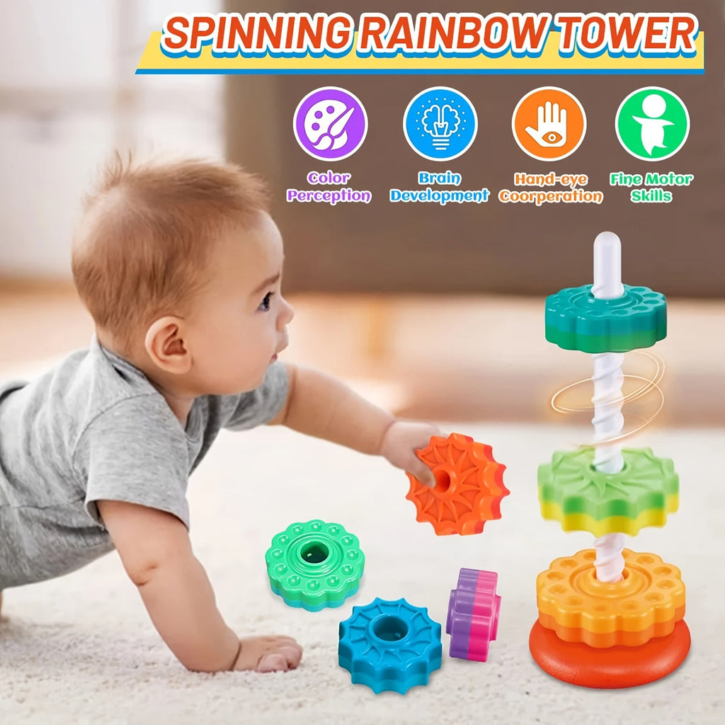 5-in-1 Rainbow Spinning Gear Tower with Rotating Base Interactive Educational Toy for Toddlers Motor Skills Hand-Eye Coordination Cognitive Development