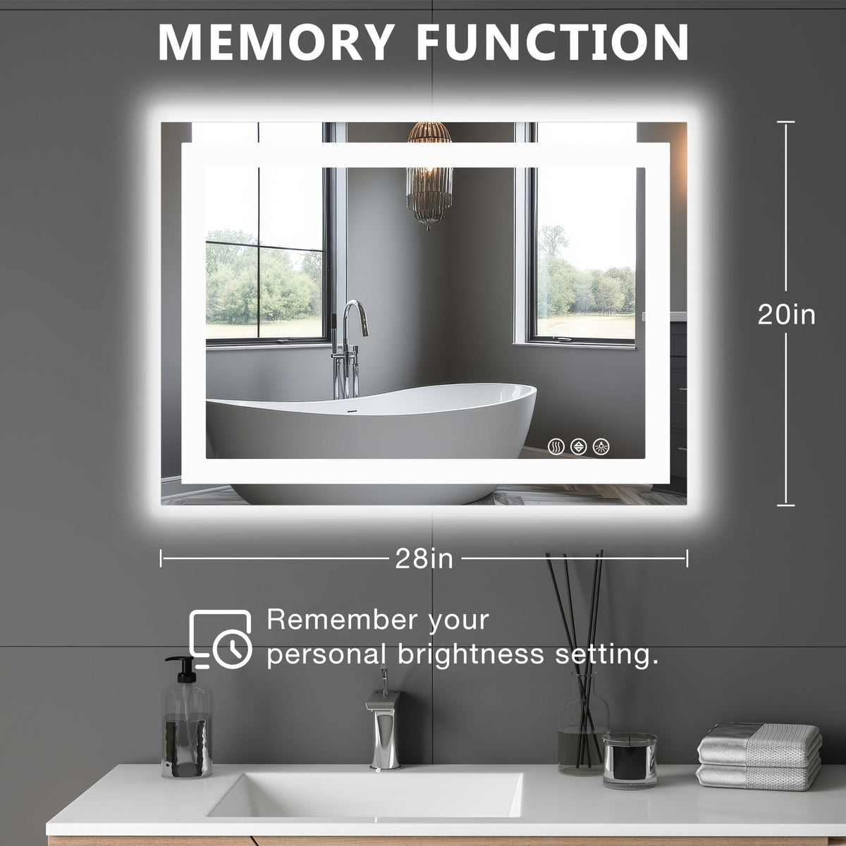 Anti-Fog LED Bathroom Mirror – Dual Light Source 3 Color Modes Dimmable Wall Mounted Vanity Mirror Horizontal Vertical in 6 Sizes