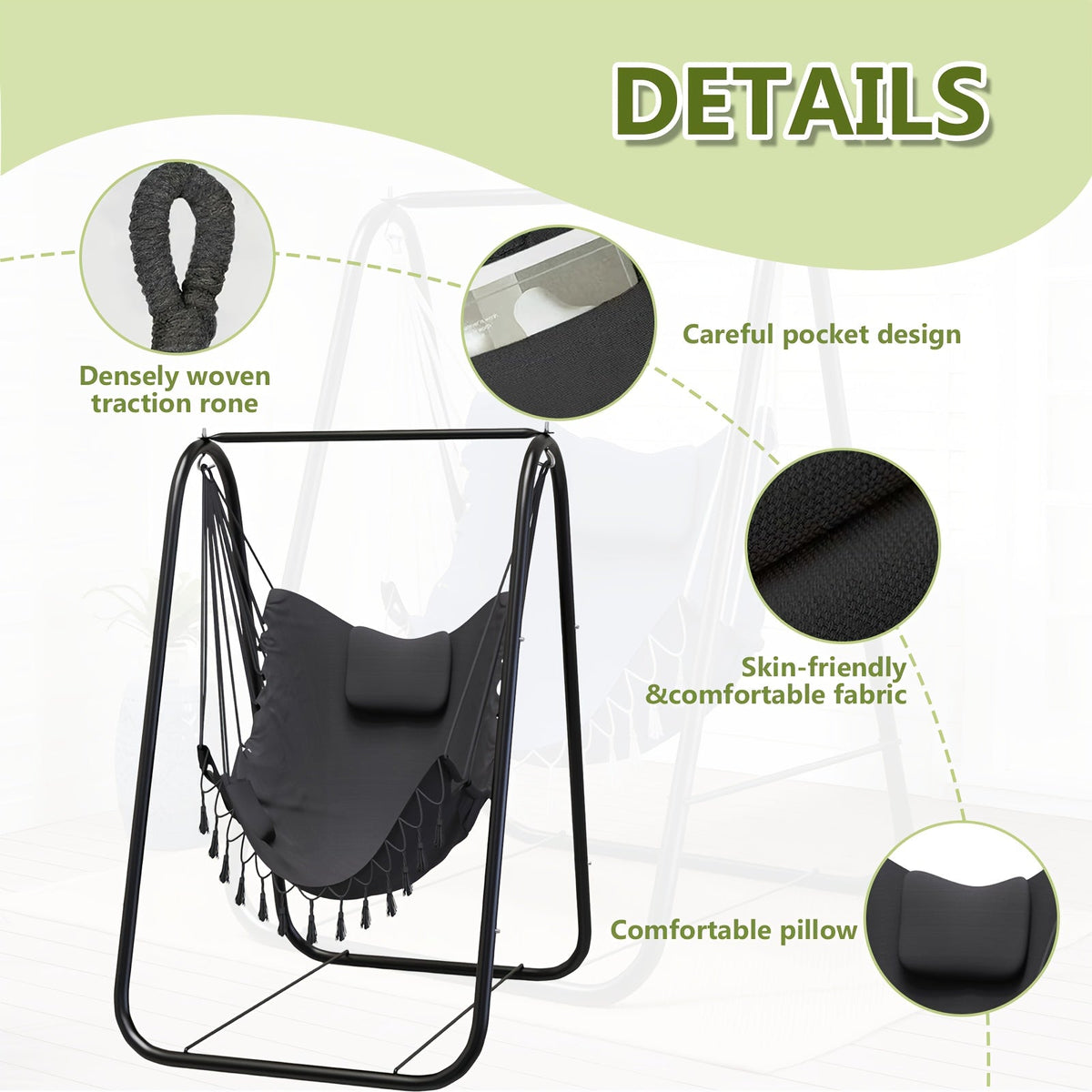 Metal A-Frame Outdoor Swing Chair with Stand – Rust-Proof Hammock Chair for Patio, Garden & Poolside, 500 LBS Capacity, 10-Min Assembly, Neck Cushion & Side Pocket, Gray Blue Navy Teal – Nova Mart