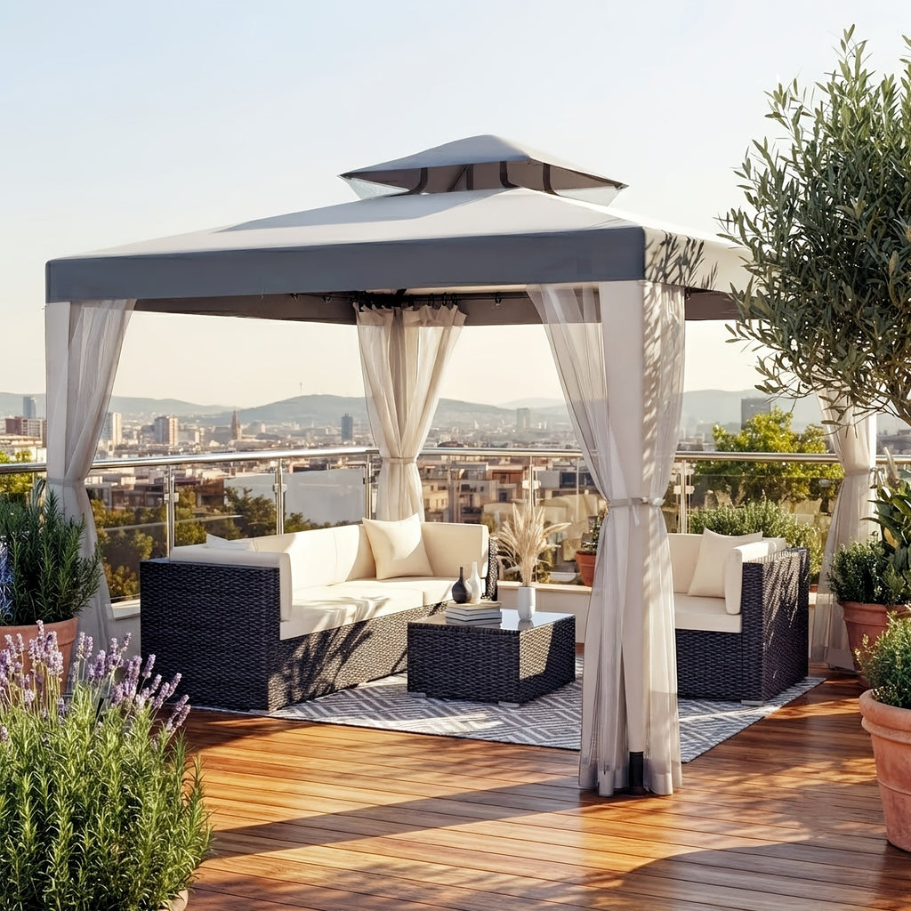 10x10 Ft Gazebo with Mosquito Netting & Mesh Sidewalls, 100 Sq Ft Shade, Sturdy Steel Frame, for Garden, Backyard, Terrace & BBQ Party