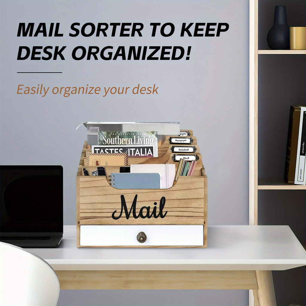 Large Solid Wood Desktop Mail Organizer with Drawer and 4 Compartments, Labelable Dividers for Files, Letters, and Paper Folders, Desk Organizer for Home Office, Students, and Professionals