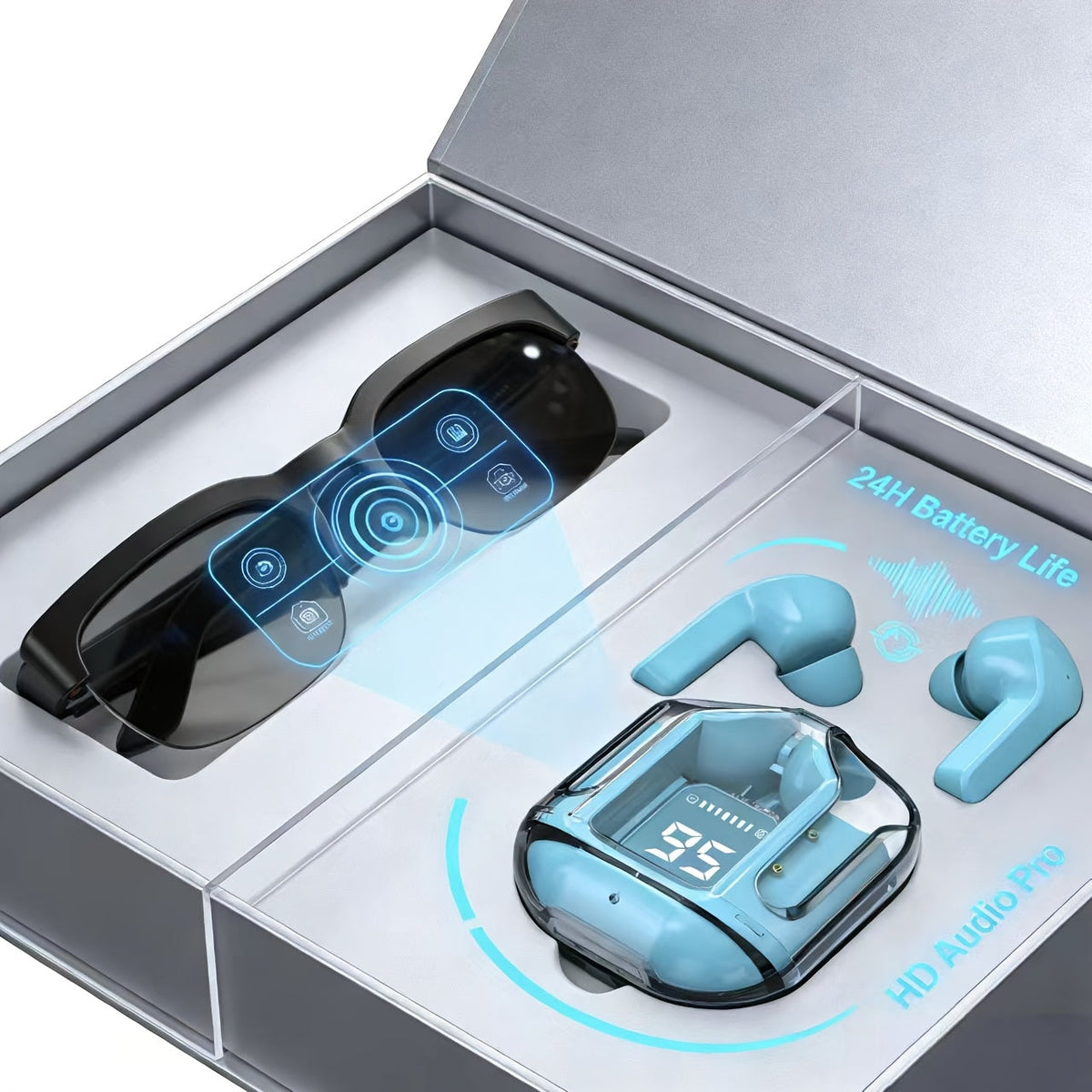 AI Translation Smart Glasses with Wireless Headphones, Real-Time Multi-Language Translator, Built-in Microphone, Music Audio Glasses, Rechargeable Sports Wearable Tech for Travel and Business