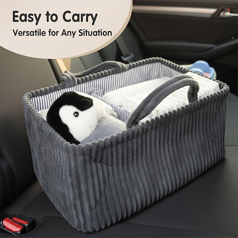Foldable Multi-Pocket Diaper Bag & Storage Basket, Large Capacity Nursery Organizer with Compartments & Dividers for Clothes Toys & Outings, Corduroy Styles in Gray White & Brown
