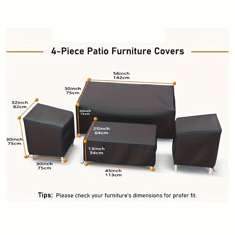 4-Piece Outdoor Furniture Cover Set - Sofa Cover, 2 Chair Covers & Coffee Table Cover, Wind Buckle Straps & Adjustable Drawstring - Patio, Balcony & Courtyard - Black