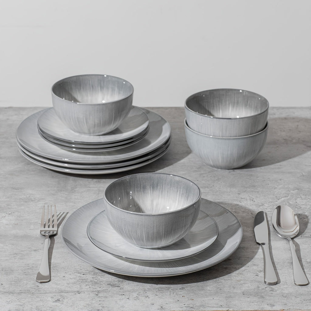 Kingstone 12-Piece Porcelain Dinnerware Set Service for 4 Hand-Painted Round Plates & Bowls Microwave & Dishwasher Safe – Holiday Christmas Gift