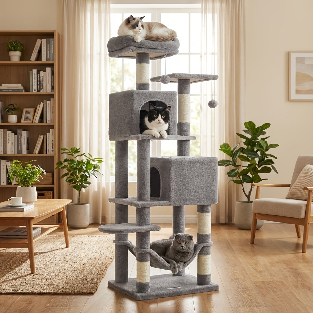 61-Inch Multi-Level Cat Tree Tower – Plush Cat Condo with 5 Scratching Posts 2 Perches 2 Caves Hammock & Pompoms for Indoor Cats in 7 Colors