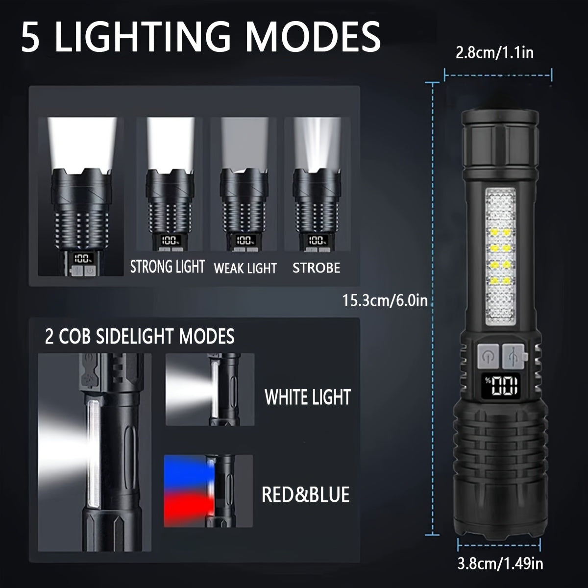 Rechargeable Tactical Flashlight 2-Pack, USB COB LED – Ultra Bright, 5 Modes, Zoomable, 200-500M Beam, LCD Display, for Camping, Fishing, Hunting, Cycling, and Emergencies