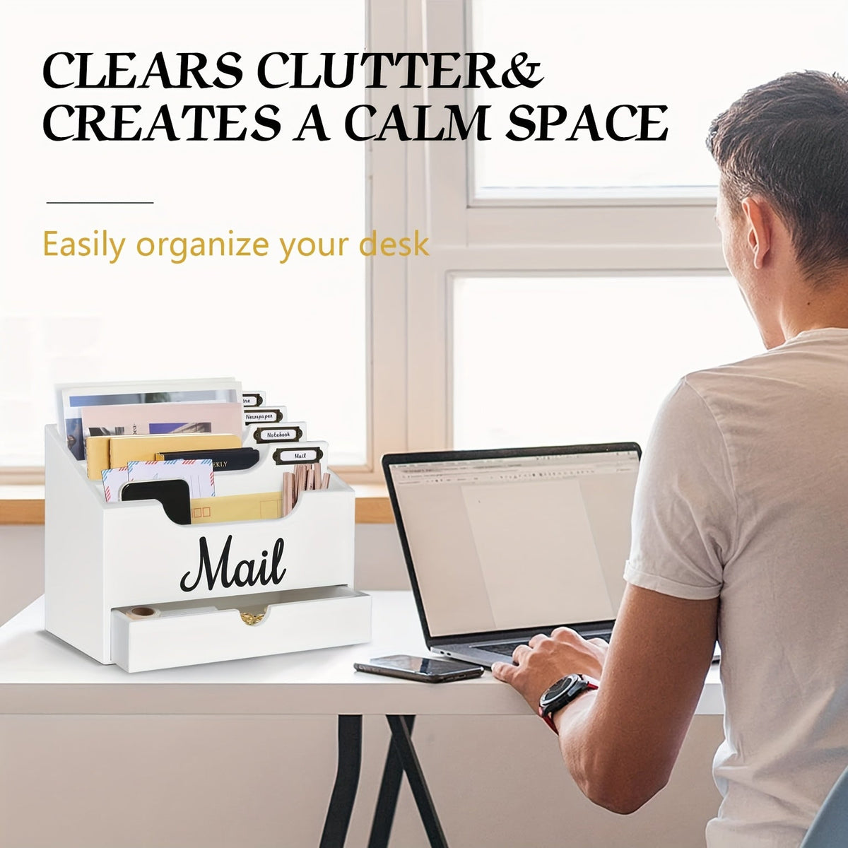 Large Solid Wood Desktop Mail Organizer with Drawer and 4 Compartments, Labelable Dividers for Files, Letters, and Paper Folders, Desk Organizer for Home Office, Students, and Professionals