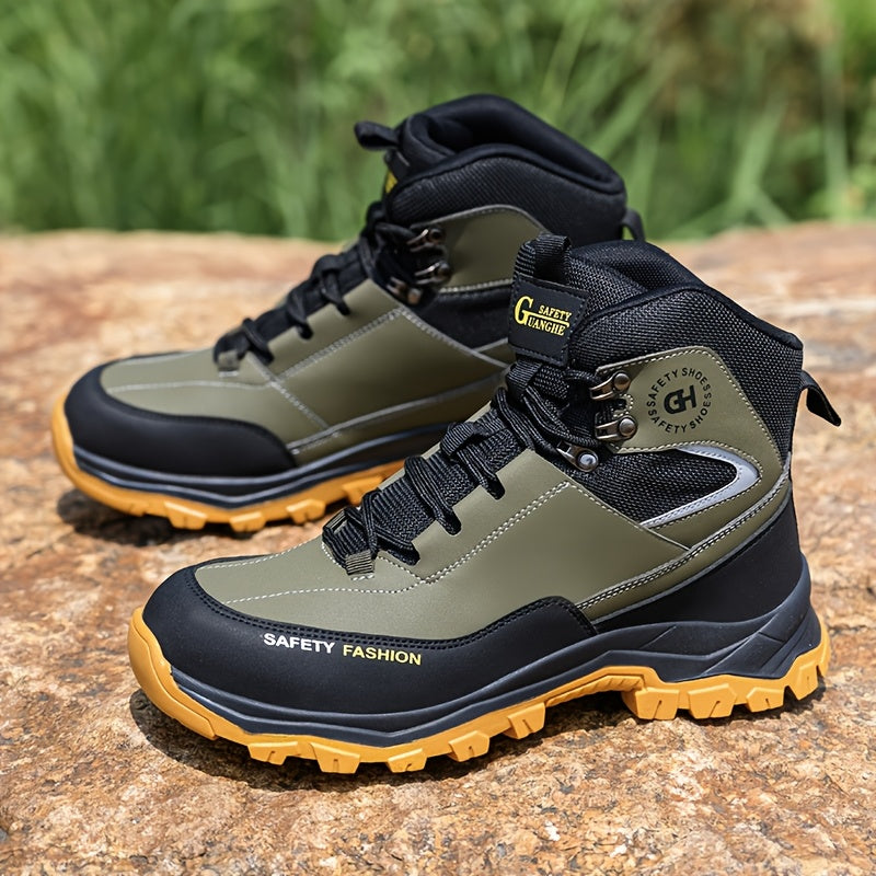 Men's Steel Toe Work Boots, Heavy Duty, All-Terrain Rubber Sole, Cushioned Insole, Arch Support, Four-Season Construction, Industrial, Farm, and Outdoor Boots, Black/Army Green, US Sizes 6-11