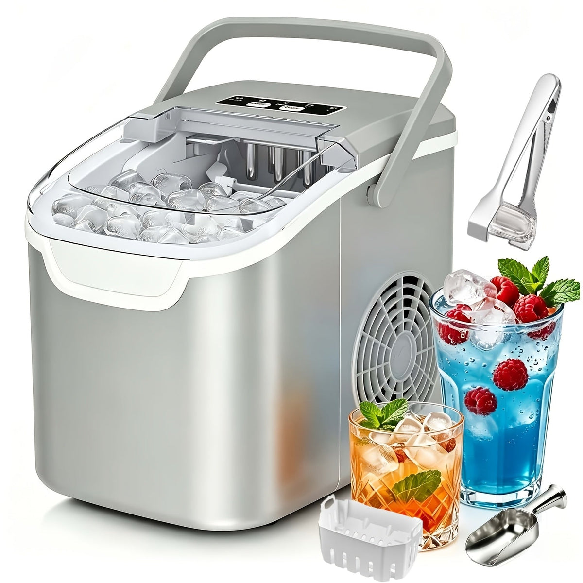 Countertop Nugget Ice Maker 35Lbs/Day 2025 Upgraded, Self-Cleaning Pebble Ice Maker with Stainless Steel Housing, One-Click Operation & Water Reservoir, Soft Chewable Pellet Ice for Home & Kitchen, Black Gray Steel