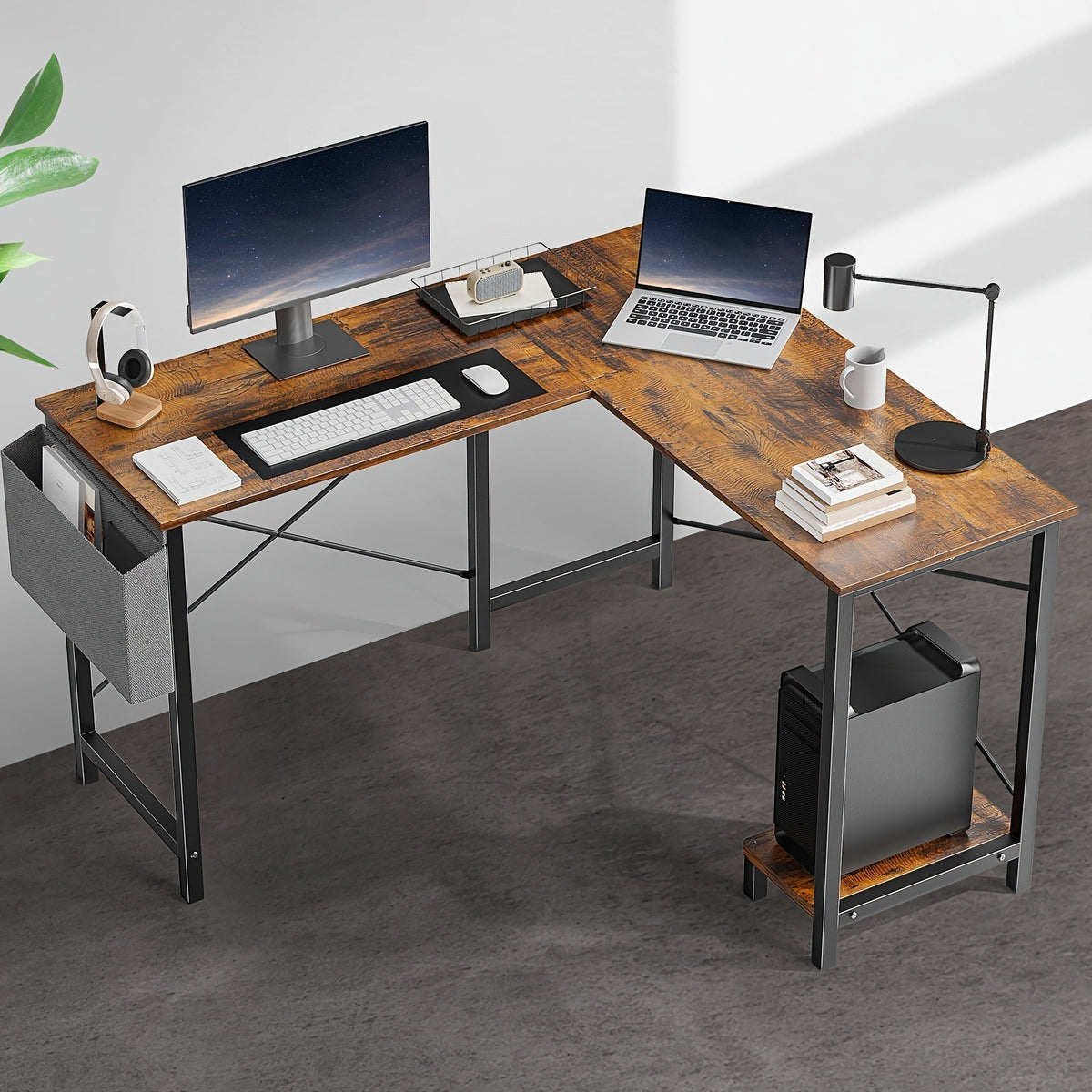 L-Shaped Computer Desk with Storage Bag & Shelves – Reversible Corner Office Table, PC Laptop Workstation for Home Office, Study Room, Space-Saving Writing Desk