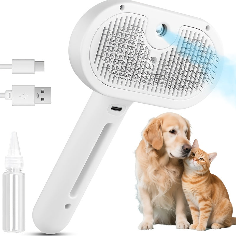 3-in-1 Cat Steam Brush Grooming Comb with Steam and Release Button, Pet Hair Removal and Deshedding Tool for Large, Medium, and Small Cats and Dogs, Indoor Use, White and Pink