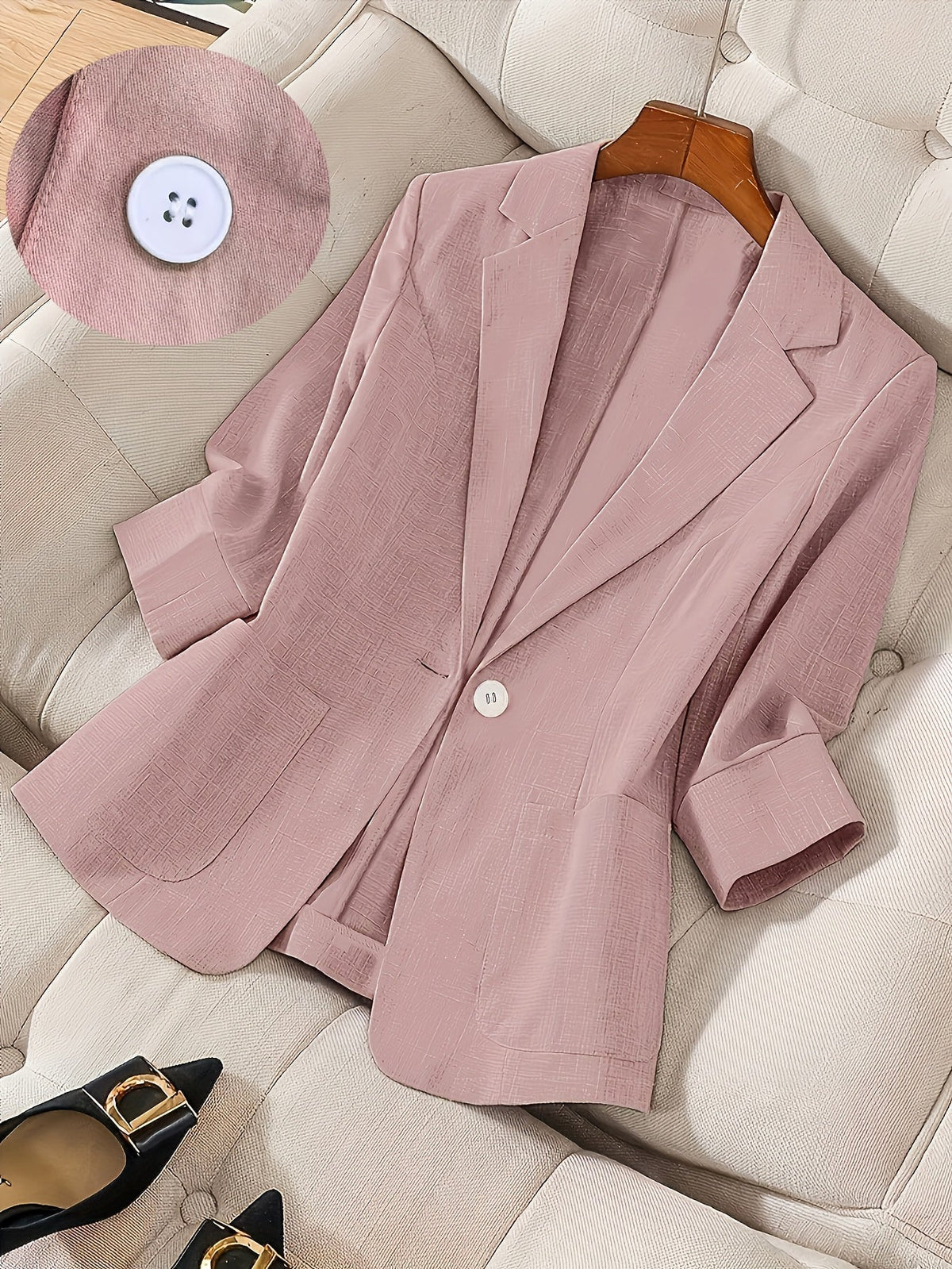 Women's Single-Button 3/4 Sleeve Lightweight Blazer | Elegant Casual Spring/Summer/Fall Outerwear | Professional Solid Color Office Business Suit Jacket S M L XL XXL