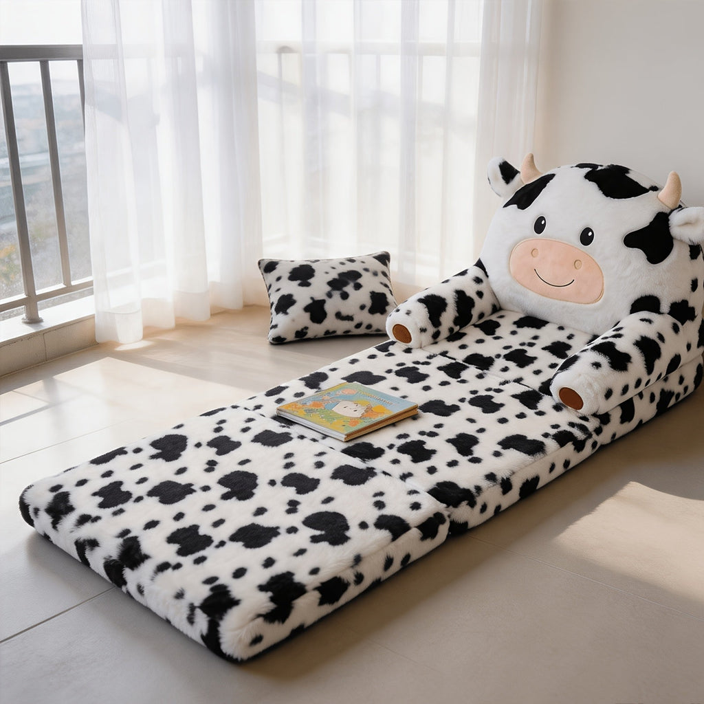Kids 2-in-1 Convertible Flip-Out Sofa Bed Plush Faux Fur Toddler Couch 27.56×17.72×15.75 In Playroom & Nursery – Black & White / Pink & White Cow Print