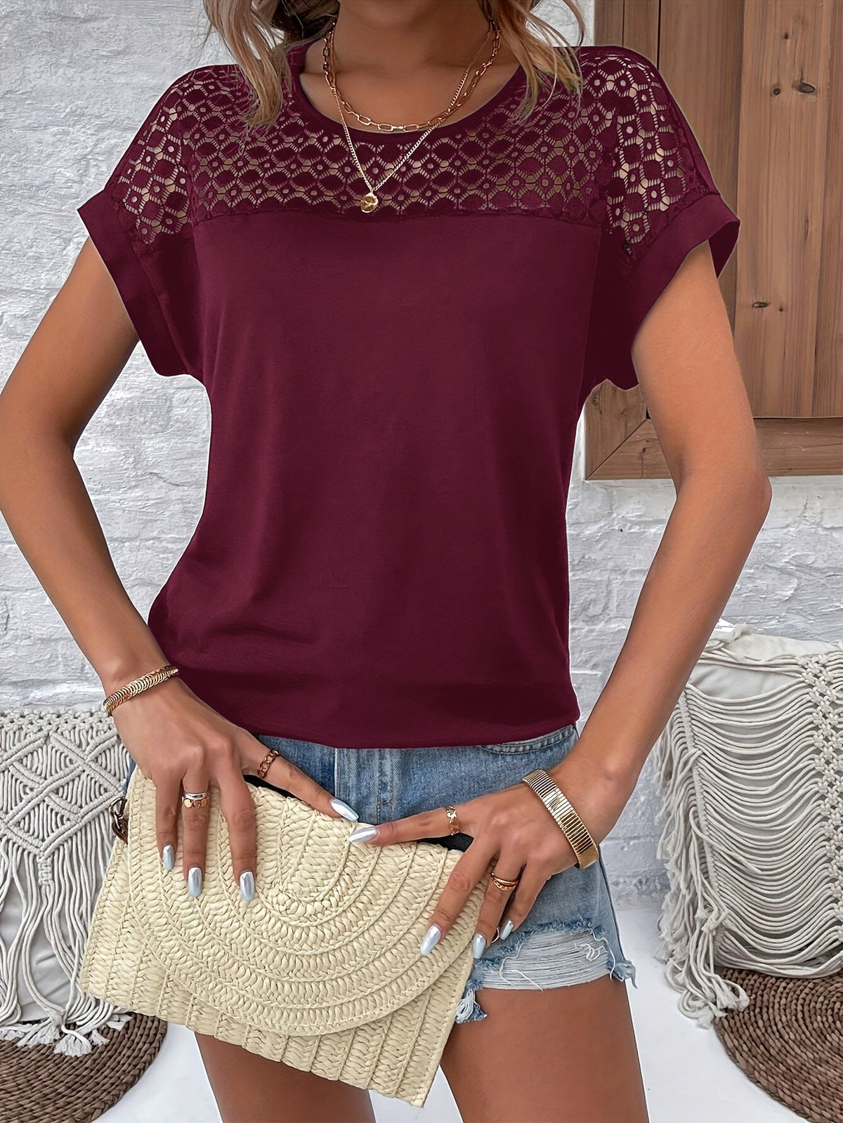 Lace Off-Shoulder T-Shirt Women's Vacation Batwing Short Sleeve Tops Casual Summer Loose Fit Elegant Floral Lace Tee Shirt Multiple Colors S M L XL