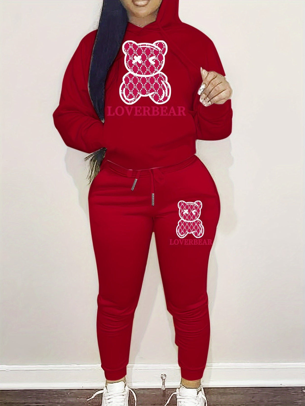 Cartoon Bear Print Two-piece Set Hoodie & Jogger Pants Women's Tracksuit Drawstring Long Sleeve Sweatsuit Outfit S-XXL Multiple Colors