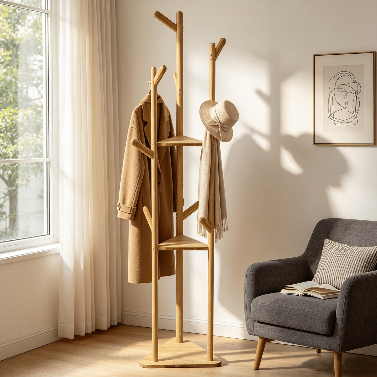 64" Bamboo Coat Rack Freestanding – 9 Hooks & 3 Shelves Entryway Hallway Tree Stand for Clothes Hats Bags & Coats in Natural Bamboo