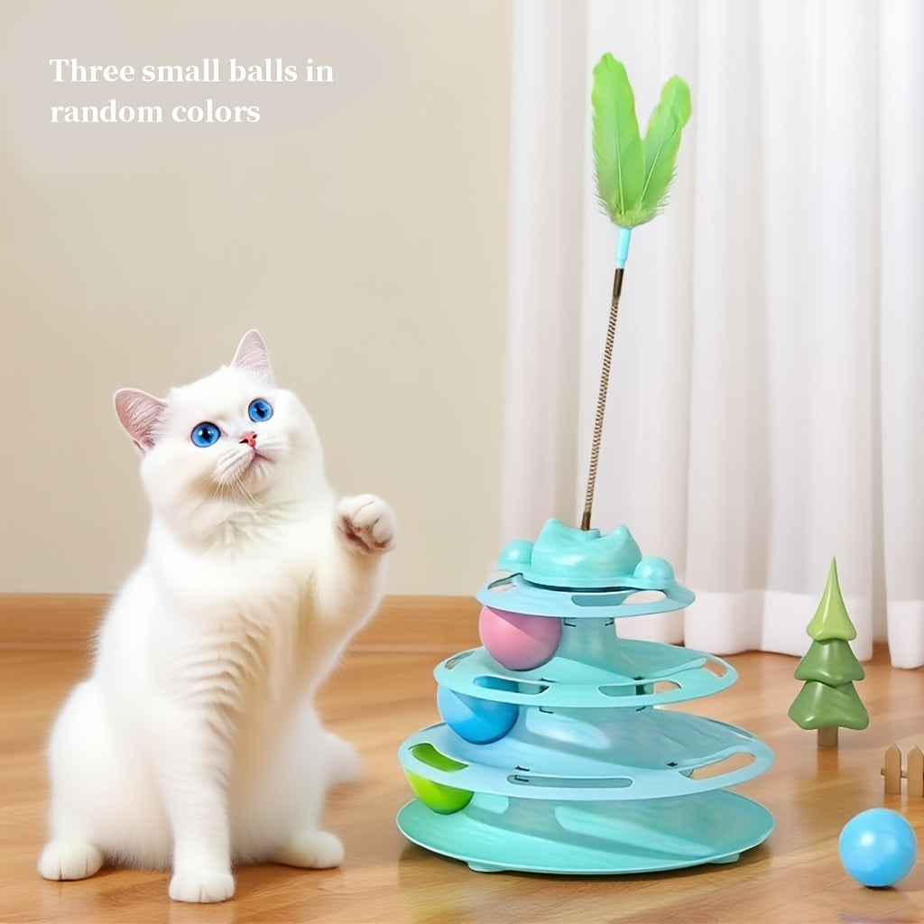 Feather Cat Carousel Toy with Rotating Rolling Ball - Interactive Spinning Turntable Teasing Toy for Indoor Cats, Self-Entertainment Boredom Buster Cat Gift, No Battery Required, Available in Light Green, Blue, and Pink