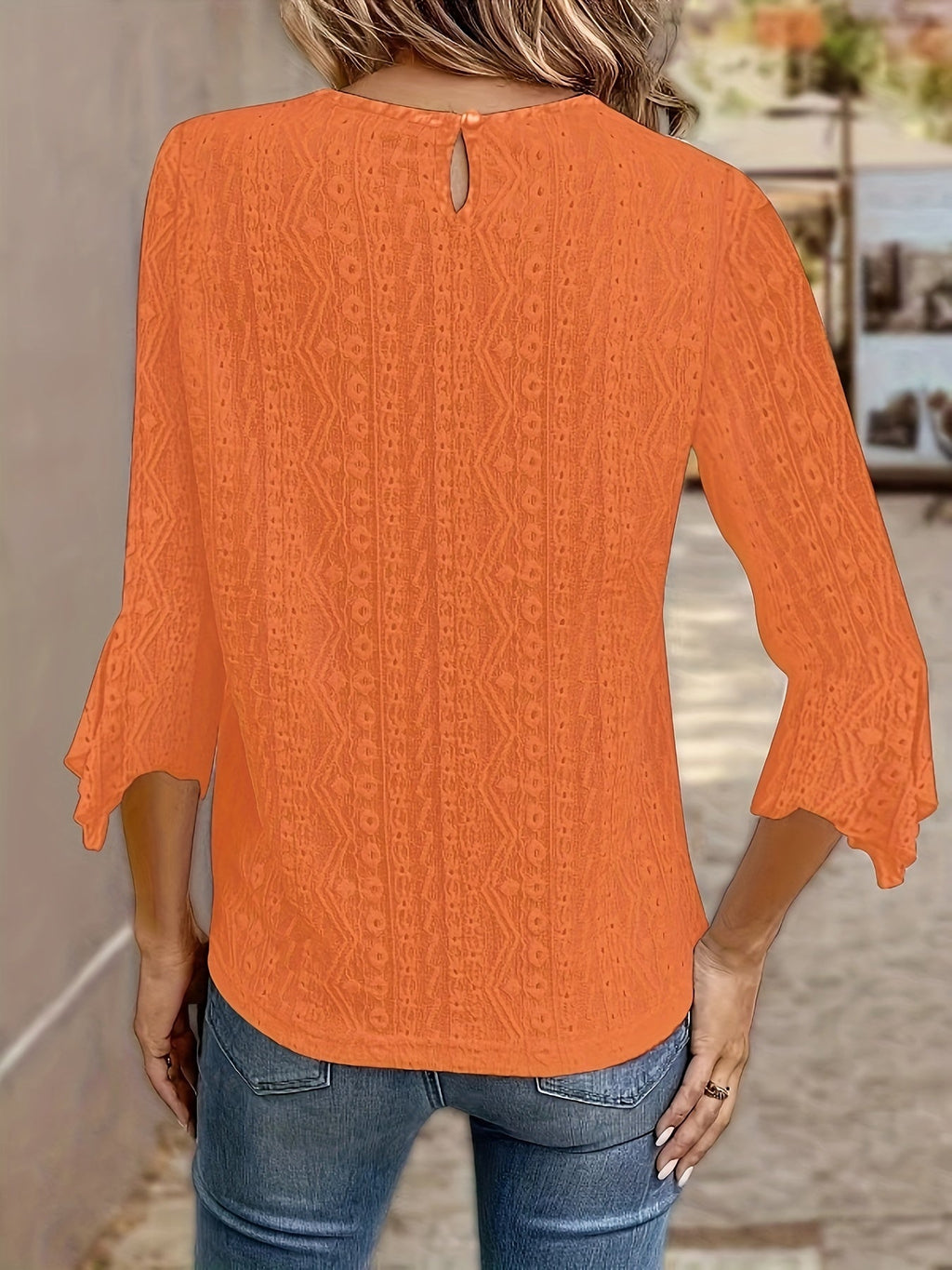 Women's Contrast Lace Trim Long Sleeve Blouse – Sexy Semi-Sheer Round Neck Elegant Pullover Top for Spring, Summer, and Fall in Black, White & Orange-Red