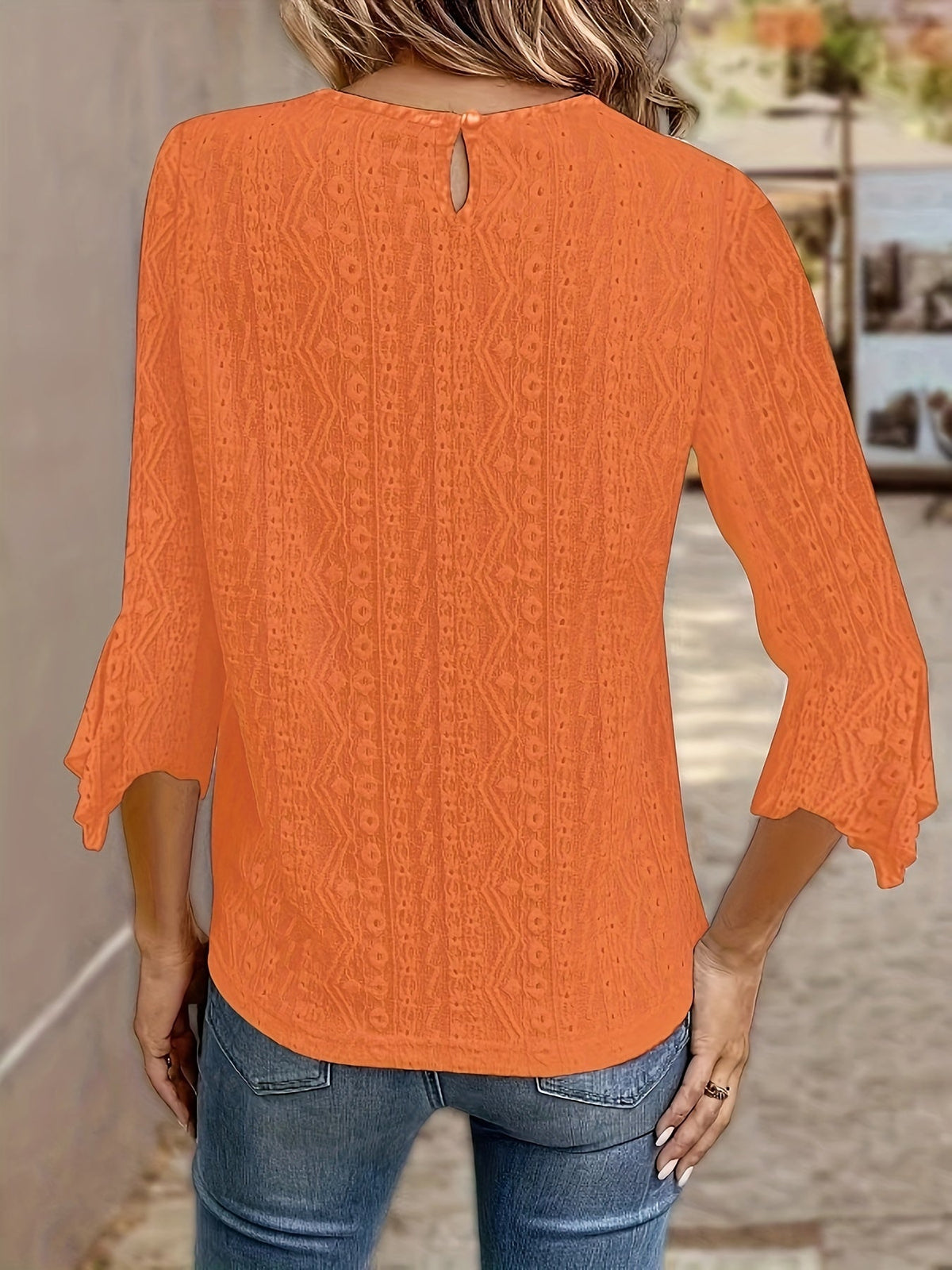 Women's Contrast Lace Trim Long Sleeve Blouse – Sexy Semi-Sheer Round Neck Elegant Pullover Top for Spring, Summer, and Fall in Black, White & Orange-Red