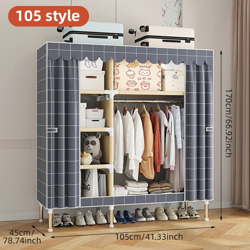 Freestanding Fabric Wardrobe with Curtain Sliding Door – 3 Hanging Rods & Rail Portable Closet Storage Organizer for Bedroom Study in Gray Jacquard & Magpie