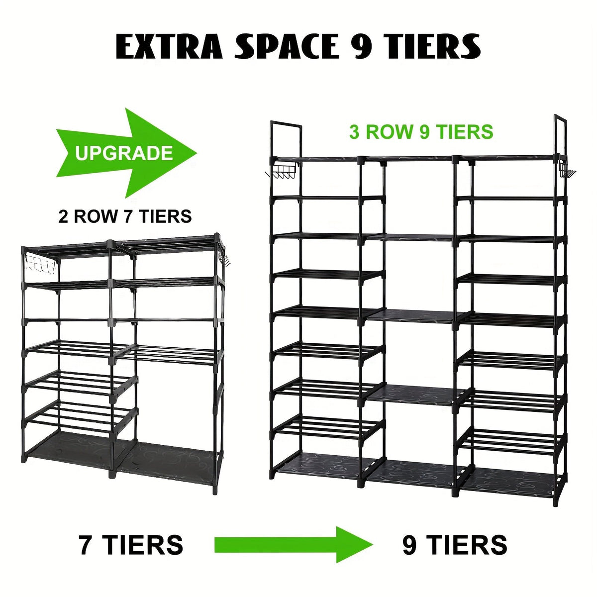 9-Tier Shoe Rack Organizer - 50-55 Pairs, Stackable Metal Shelf with Hooks - 129.5×26.9×155.4cm - Entryway, Bedroom & Closet Shoe Storage - Black