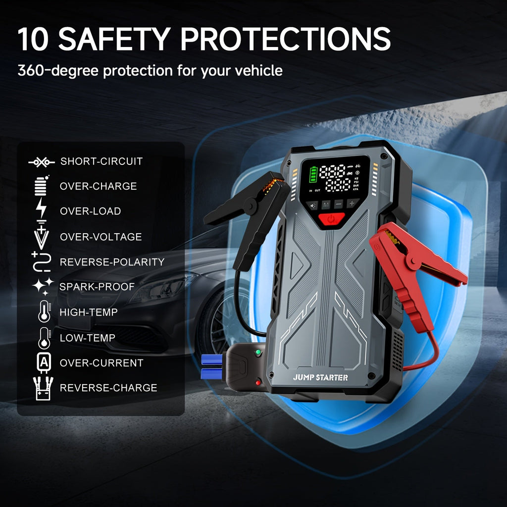 9-in-1 Portable Jump Starter with Air Compressor for 12V Vehicles (Up to 8.0L Gas / 6.5L Diesel) – Battery Booster Pack with Tire Inflator, USB Power Bank, LED Emergency Light & Roadside Kit