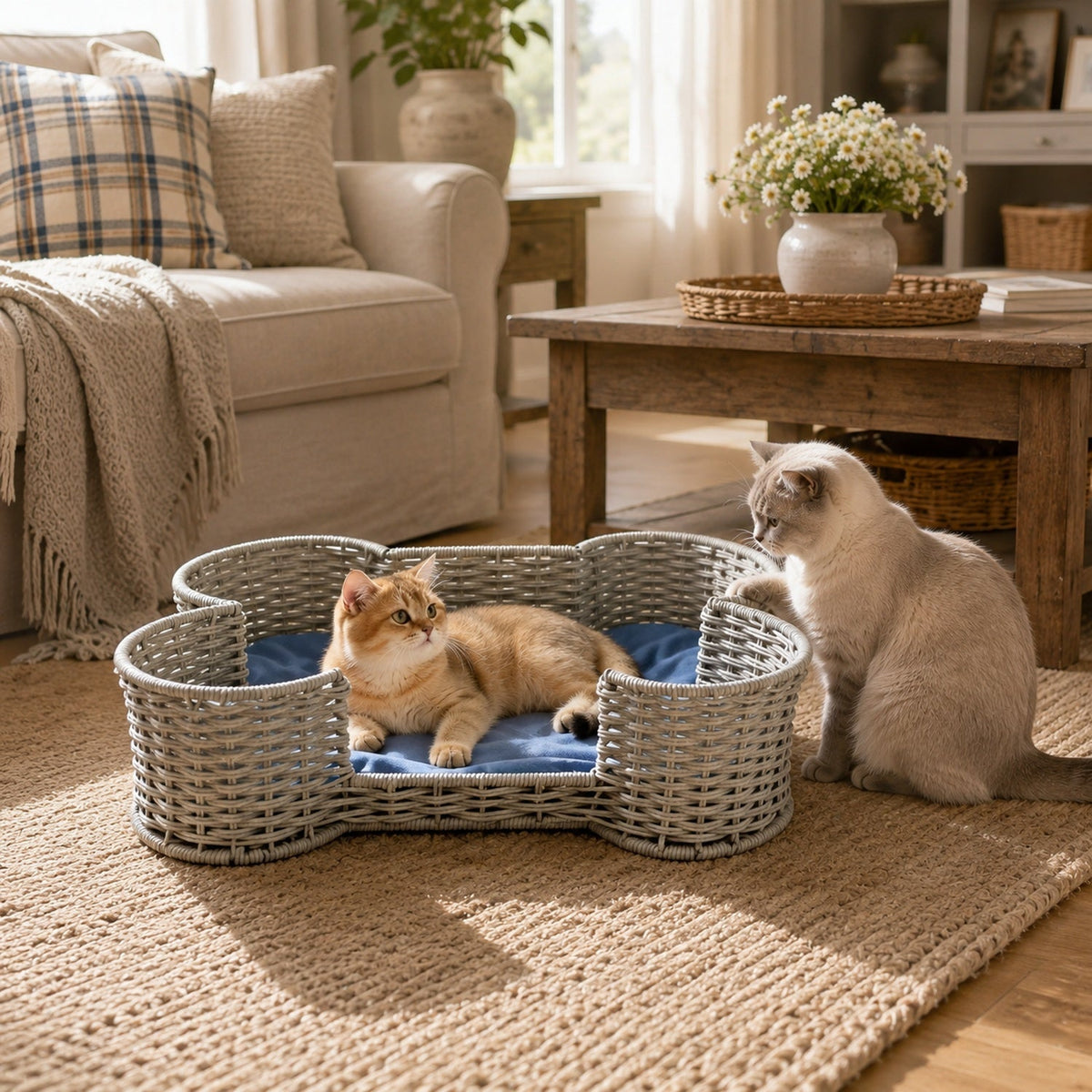 Bone Shaped Dog Toy Storage Basket – Hand-Woven Faux Rattan Pet Toy Organizer Bin for Cat & Dog Toys, Leashes & Accessories, Farmhouse Home Decor Style