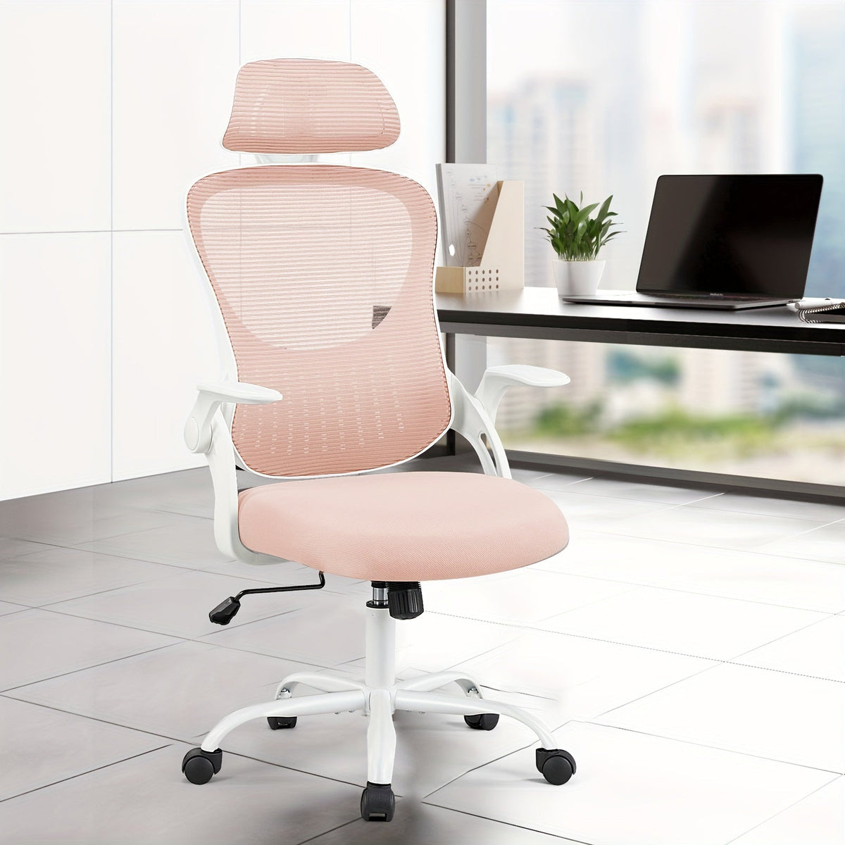 Ergonomic High-Back Mesh Office Chair with Flip-Up Arms, Adjustable Headrest, Lumbar Support & Wheels - Rolling Computer Desk Chair for Home Office, Bedroom, Study (Pink, Grey, Black)
